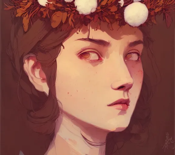 Image similar to portrait of forest godess with cotton flower crown, by atey ghailan, by greg rutkowski, by greg tocchini, by james gilleard, by joe fenton, by kaethe butcher, by ashley wood, dynamic lighting, gradient light red, brown, blonde cream and white color scheme, grunge aesthetic