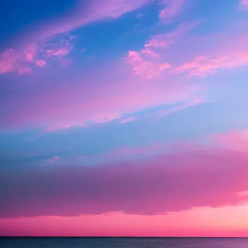 Image similar to blush colored sky with light pink clouds on a calm open ocean reflecting the sky dreamland