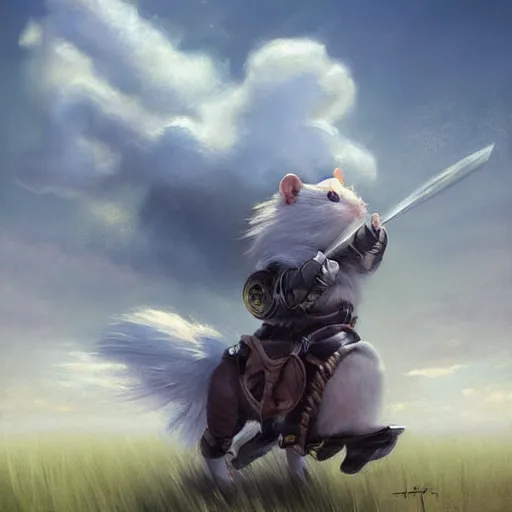 Image similar to Cloud Champion Hamster knight roaming the windswept field dave dorman edson campos christopher young jeff simpson allison carl hiro izawa paul chadeisson pastel painting