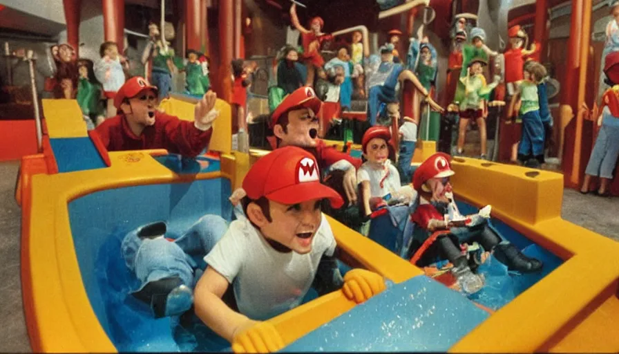 Image similar to 1990s photo of inside the Mario Plumbing experience ride at Universal Studios in Orlando, Florida, children riding through a giant Toilet while Mario fixed it with a plunger, cinematic, UHD