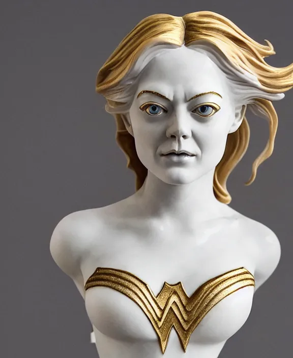 Prompt: a white art nouveau marble and gold sculptural bust of emma stone as wonder woman, wearing a superhero outfit, delicate, intricate, smooth, beautiful, by charles van der stappen
