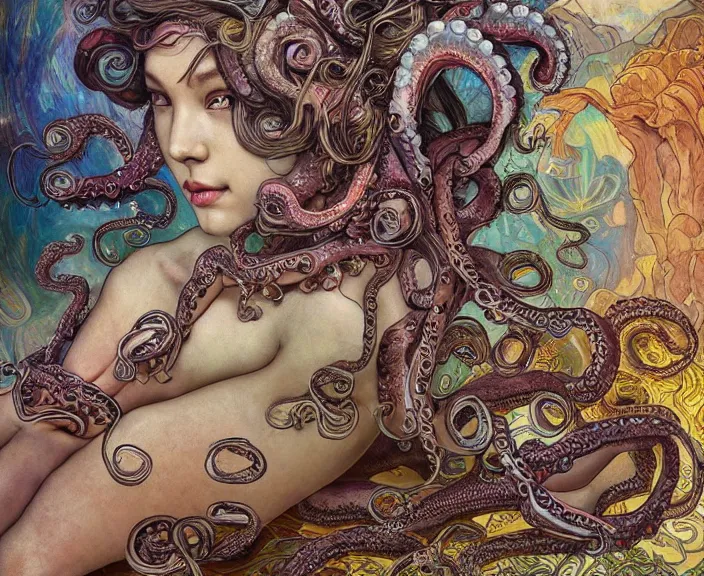 Prompt: portrait of an octopus goddess, full body shot, rule of thirds, wide angle, amazing landscape in background, magic realism, fantasy, whimsical, horror, art by riot games and chengwei pan and josephine wall and amanda sage and alphonse mucha, intricately detailed, highly detailed, luxurious, elegant, clean, unsettling, trending on artstation