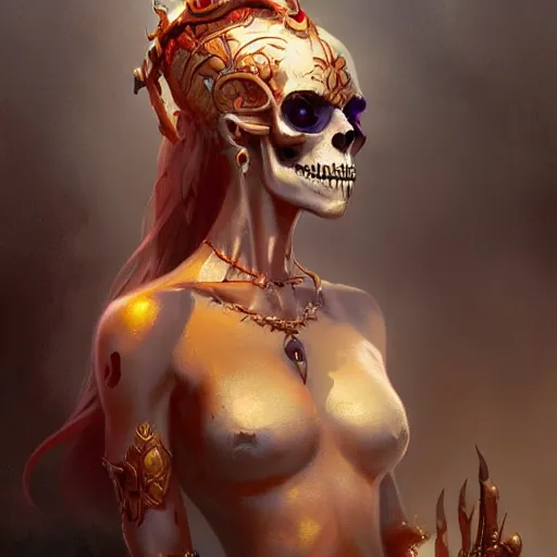 Prompt: a beautiful portrait of skull goddess by greg rutkowski and raymond swanland, dar ; k background, trending on artstation