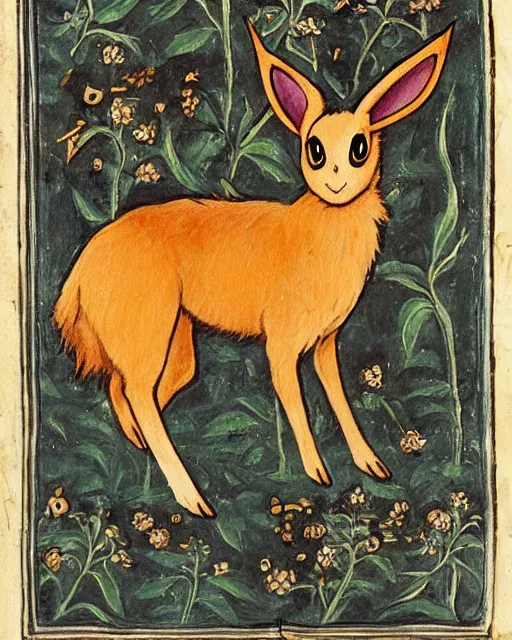Image similar to a manuscript painting of Eevee in the style of the Rochester Bestiary, Ashmole Bestiary