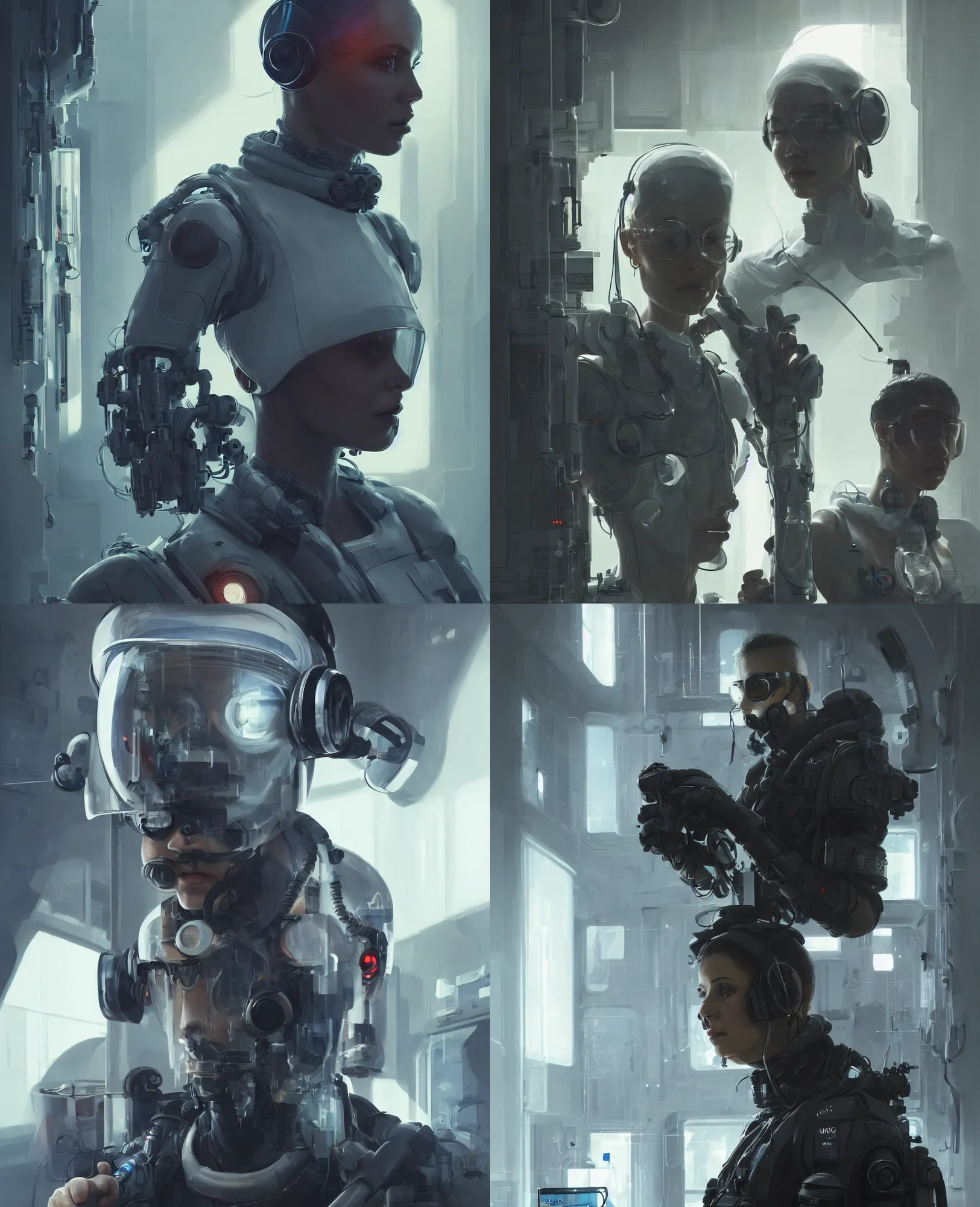 Prompt: a portrait of a scifi operator in the laboratory, one person, clear face, cyberpunk suit, character portrait, greg rutkowski, cedric peyravernay, denys tsiperko, artstation, 8 k