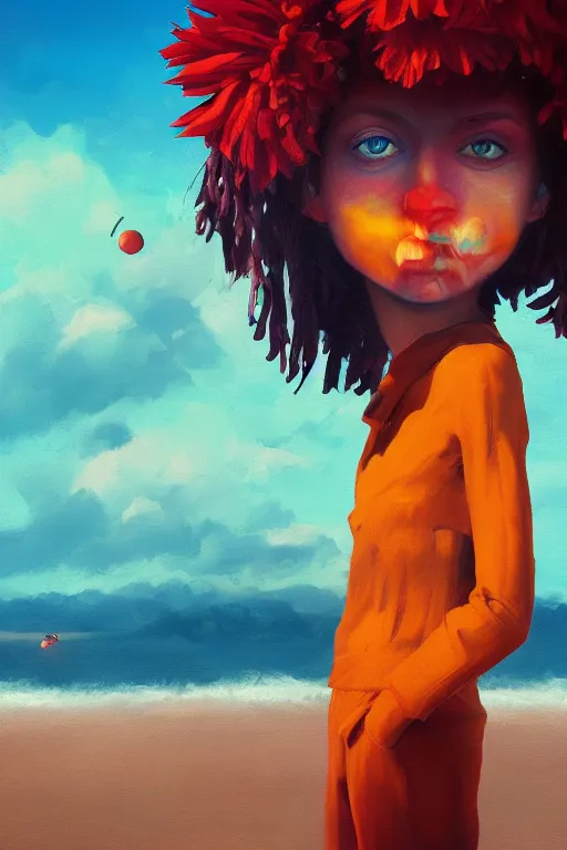 Image similar to closeup girl with huge dahlia flower face, on the beach, surreal photography, blue sky, sunrise, dramatic light, impressionist painting, digital painting, artstation, simon stalenhag