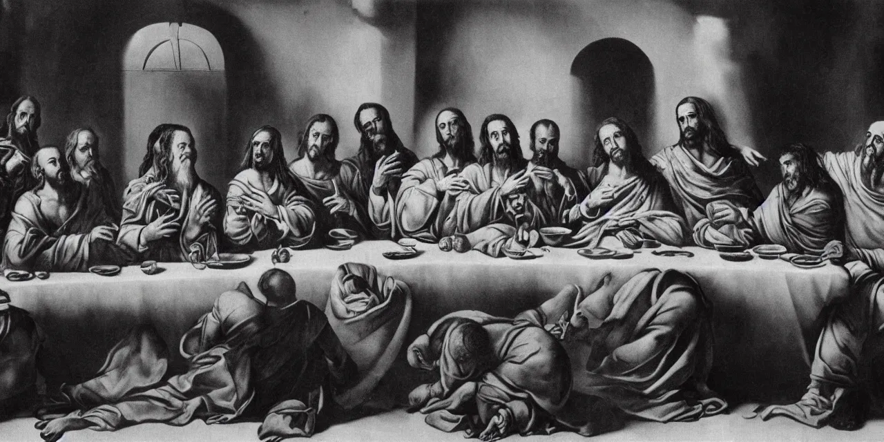 Prompt: the last supper iconic image in the style of dali surreal jesus christ iconography