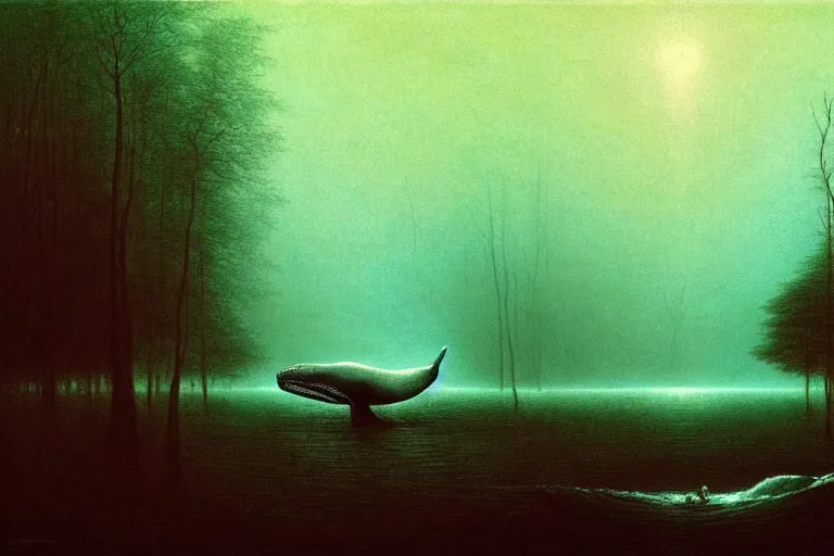 Image similar to whale swimming in forest, in the style of beksinski, intricate and epic composition, white by caravaggio, insanely quality, highly detailed, masterpiece, white light, artstation, 4 k