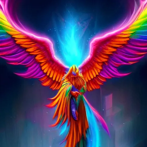 Image similar to rainbow colorful magic phoenix, trending on artstation, cgsociety, artgerm