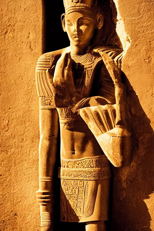 Prompt: a dramatic hero portrait of a live nubian temple guard in old egypt. photography photo art. cover of time magazine, dramatic light and shadow, saturated colors, ciaroscuro