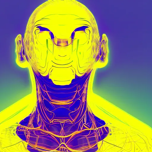 Image similar to human man that resembles a wasp morh in surreal sketch style, blue and yellow gradient, noise, ultrafine detail, hd 8k, logo illustration