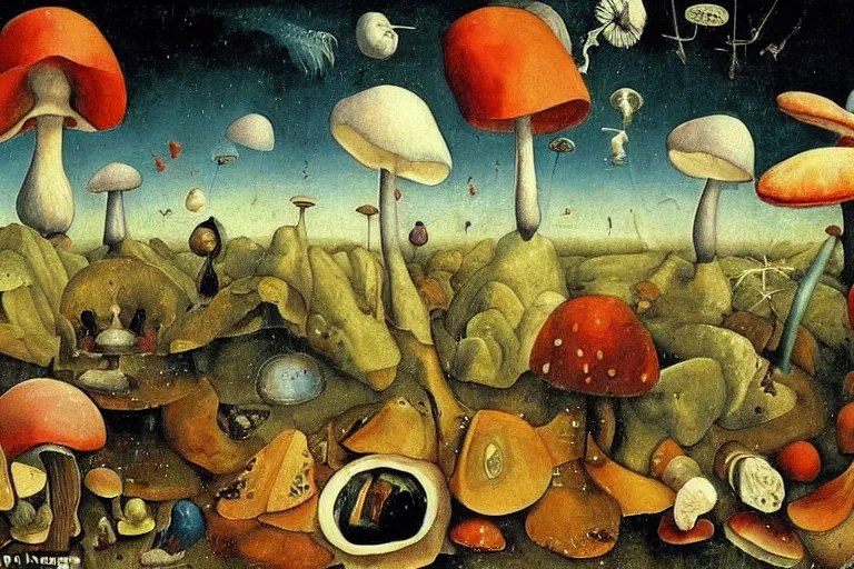 Prompt: how magic mushrooms can take us to the farthest reaches of inner space, painting by bosch