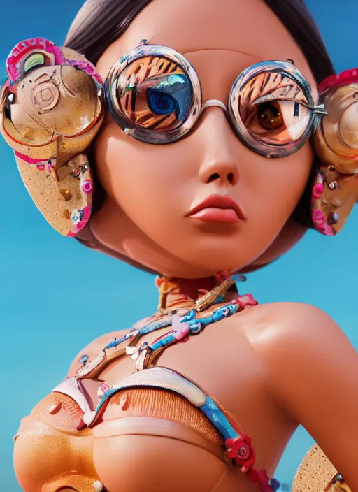 Image similar to closeup profile portrait of tin toy bikini girl beach, depth of field, zeiss lens, detailed, symmetrical, centered, fashion photoshoot, by nicoletta ceccoli, mark ryden, lostfish, breathtaking, 8 k resolution, extremely detailed, beautiful, establishing shot, artistic, hyperrealistic, octane render