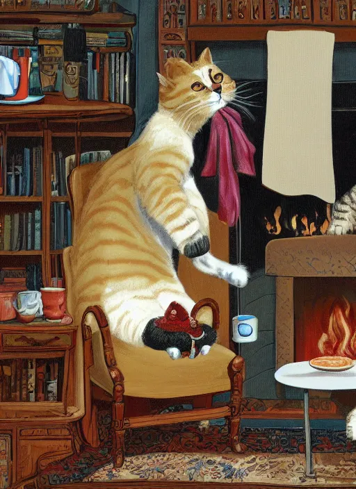 Image similar to A humanoid cat at home in a bathrobe and slippers with a cup of coffee next to the fireplace, Kenneth Grahame, 8k, hd