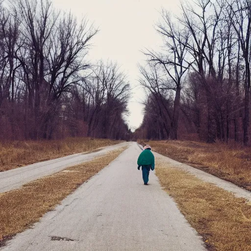 Prompt: walking in the middle of a road in a depression era midwest town that was abandoned w 7 6 4