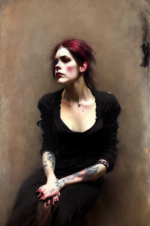 Image similar to solomon joseph solomon and richard schmid and jeremy lipking victorian loose genre loose painting full length portrait painting of a young beautiful woman punk rocker