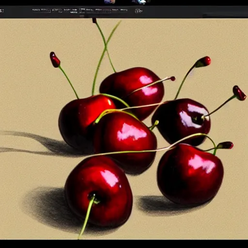 Prompt: artstation drawing render Few fresh cherries on a table