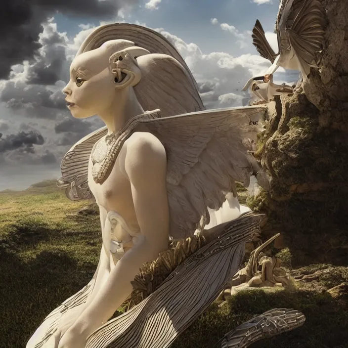 Image similar to minimal modernist bauhaus jeff koons style neverending story winged sphinx, ultra realistic, concept art, intricate details, serious, highly detailed, photorealistic, octane render, 8 k, unreal engine, art by todd mcfarlane and artgerm and greg rutkowski and alphonse mucha