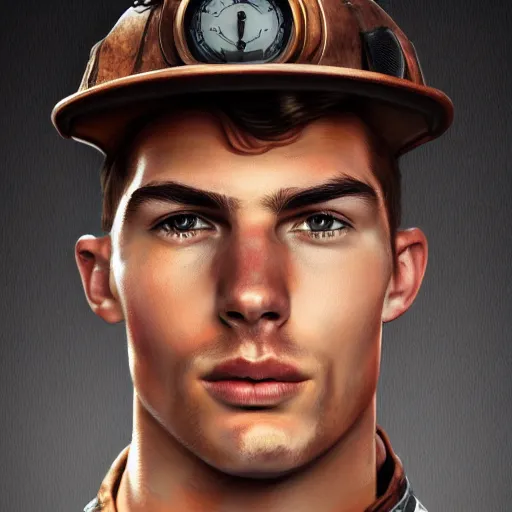 Prompt: portrait of max verstappen, face to camera, steampunk art, realistic face,, super high detail, super high quality, talented artist, trending on artstation, machinarium