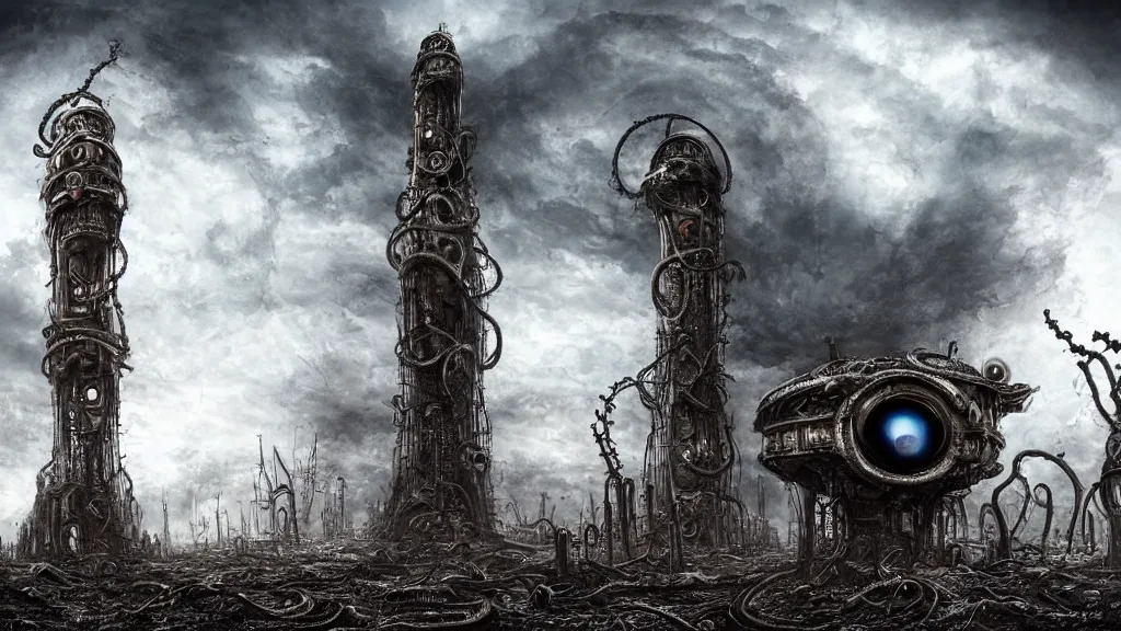 Image similar to A tower with an Eyeball at the top, BioMechanical like Giger, with tentacles coming out, looking over a stormy post-apocalyptic wasteland, dystopian art, wide lens