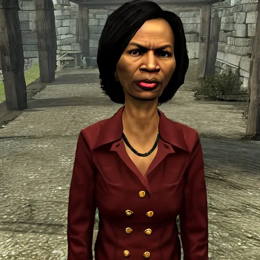 Prompt: Condoleezza Rice in Skyrim as a dictator, game screenshot