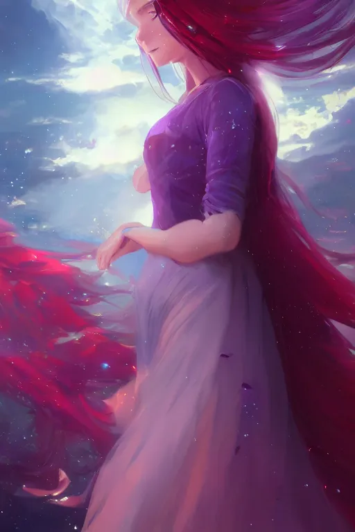 Prompt: 4k centered detailed portrait of a beautiful intimate woman with long purple cosmic hair and a beautiful red dress, by Greg Rutkowski and ross tran. Anime, volumetric lighting