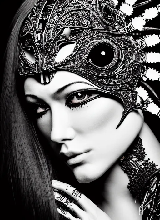 Image similar to a stunning young female crow - orchid - cyborg profile face, face is made intricate tribal bio - mechanical, editorial photography, bw, shot on 7 0 mm, depth of field, f / 2. 8, high contrast, 1 6 k, volumetric lighting, shiny, insanely detailed and intricate, hypermaximalist, elegant, ornate, hyper realistic, super detailed