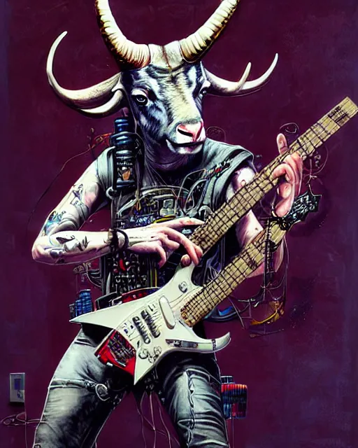 Image similar to a portrait of an anthropomorphic cyberpunk horned goat shredding an electric guitar by sandra chevrier, by jon foster, detailed render, epic composition, cybernetics, 4 k realistic, cryengine, realistic shaded lighting, sharp focus, masterpiece, by enki bilal