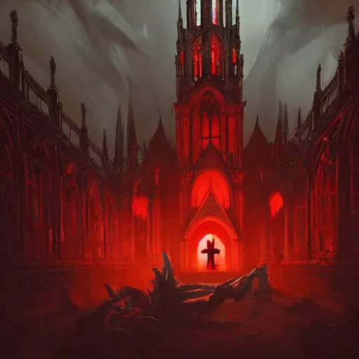 Image similar to full body pose monster skeleton flesh, scary, terrifying, volumetric lighting, gothic church on background, red glow, by greg rutkowski and ivan shishkin