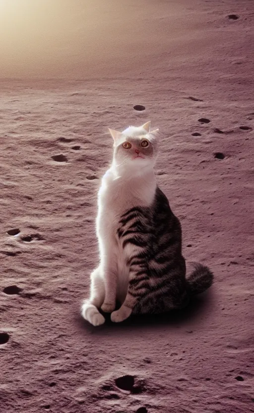Prompt: a cat sitting on the surface of the moon, Photo, 4k,octane render, photorealism, concept art, deviant art, cyberpunk, bladerunner High definition, ultra realistic, 35mm