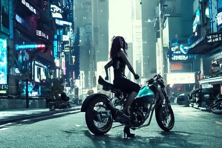 Image similar to cinematography of beautiful cyberpunk woman on motorcycle by Emmanuel Lubezki