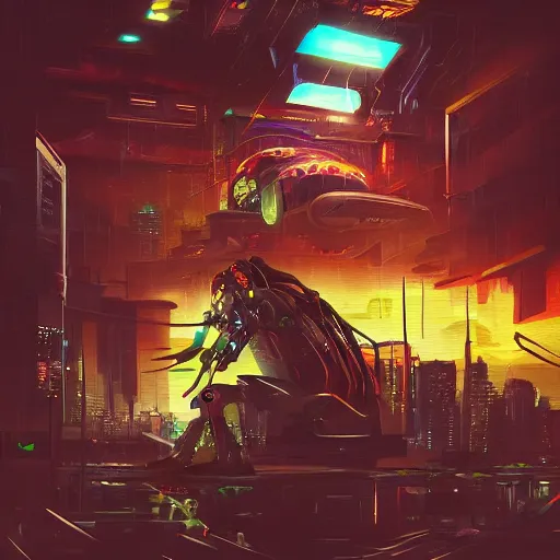 Image similar to cyberpunk, death burger, artstation