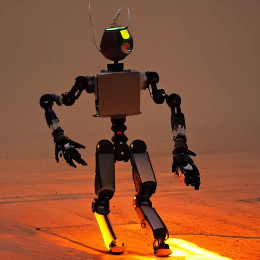 Image similar to a robot carries a wounded human away from an explosion, dramatic lighting