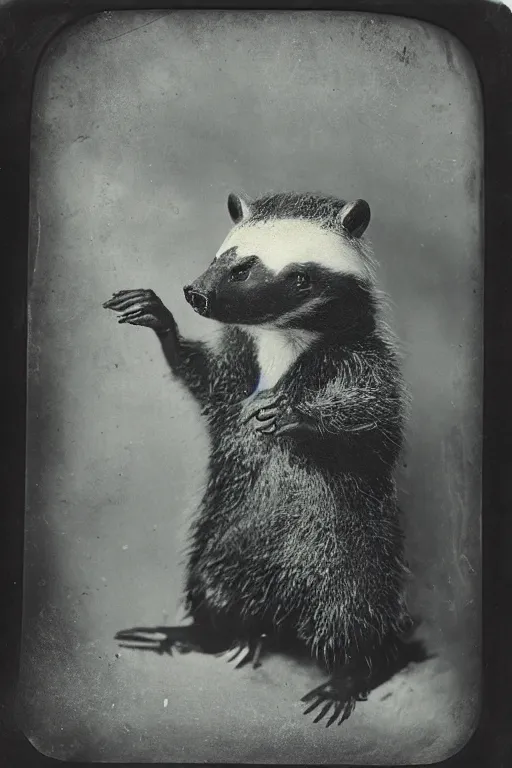 Image similar to a wet plate photo of an anthropomorphic badger as a friar