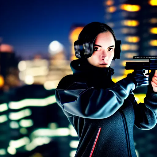 Image similar to photographic portrait of a techwear woman holding a Glock 18, closeup, on the rooftop of a futuristic city at night, sigma 85mm f/1.4, 4k, depth of field, high resolution, full color, award winning photography