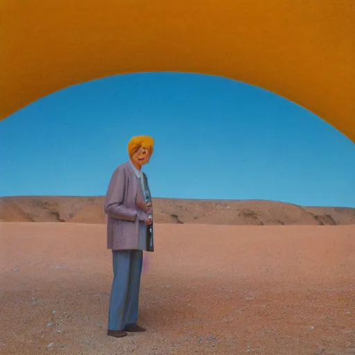 Prompt: a man in brightly colored clothing standing outside a Non-Euclidean orb-like clay house sitting in the desert, vintage photo, beautiful cinematography, blue sky, film grain, James Turrell