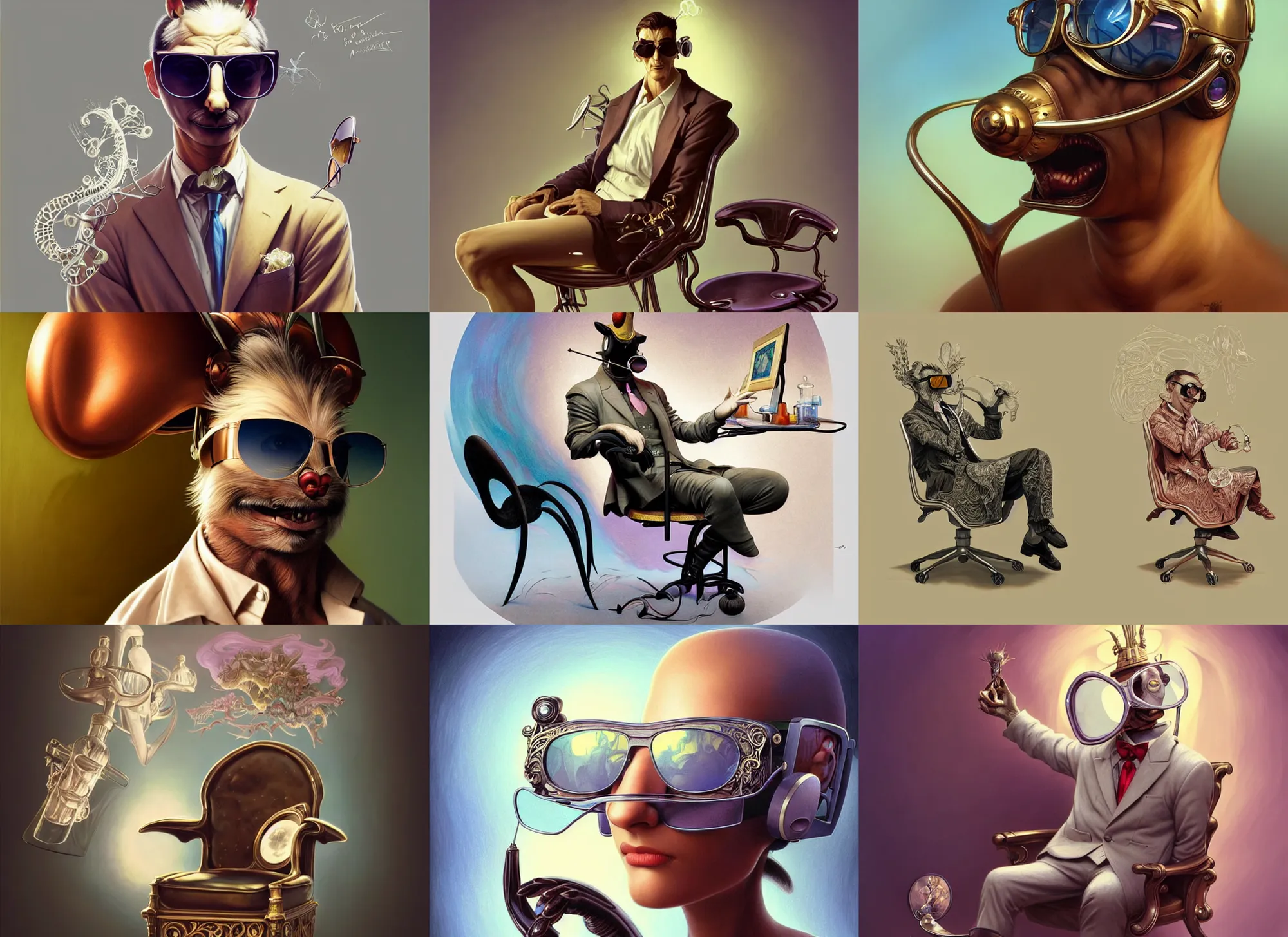 Prompt: a cool funny looking anthropomorphic chair wearing sunglasses wearing a lab coat, diffuse lighting, fantasy, intricate, elegant, highly detailed, lifelike, pastel, digital painting, artstation, illustration, concept art, smooth, sharp focus, art by frank frazetta and marco bucci and loish and rossdraws and artgerm and alphonse mucha