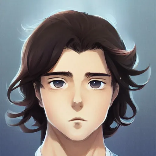 Image similar to portrait of an anime teen boy with long fluffy brown hair, blue eyes. white background. digital art, stylized, by rossdraws, ghibli, greg rutkowski