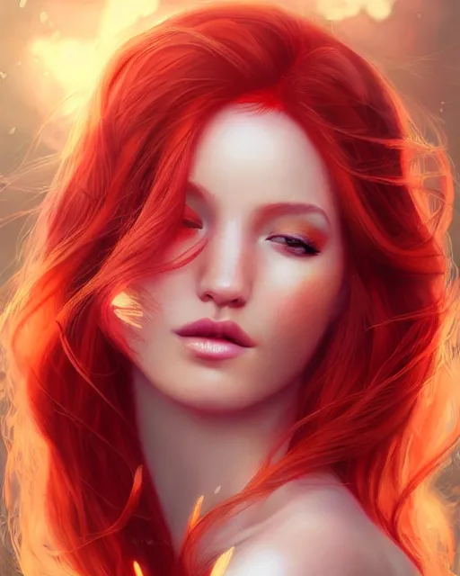 Prompt: red-haired summer beauty portrait, sunkissed skin, radiant light, flower couture, wlop and artgerm, warm glow, fantasy illustration