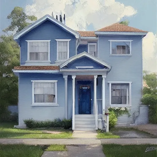 Prompt: a small suburban house, dusty blue, with a proud couple standing outside. beautiful painting by artgerm and greg rutkowski