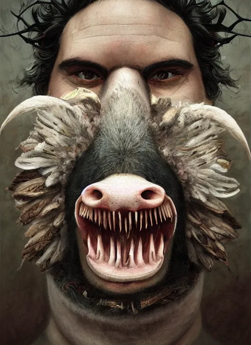 Image similar to a hyper detailed painting of a anthropomorphic joaquin phoenix as the king of animals, cow horns, pig nose, sheep wool, chicken feathers, horror, by anna podedworna, by miklos ligeti, by diego maricato, by taran fiddler, by antonino truisi, by chris reddie, on artstation