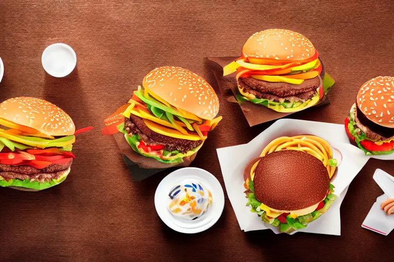 Prompt: mcdonalds colorful burgers, commercial photograph taken on table