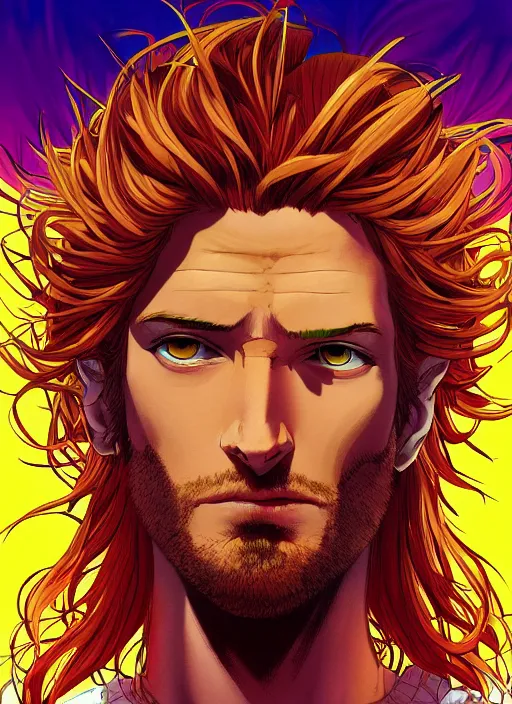 Image similar to portrait of a psychedelic jesus christ, digital painting masterpiece, advanced lighting technology, stylized yet realistic anatomy and face, gorgeous, by reiq and bengus and akiman and shigenori soejima and bastien vives and balak and michael sanlaville and jamie hewlett, 4 k wallpaper, cinematic, gorgeous brush strokes, coherent and smooth