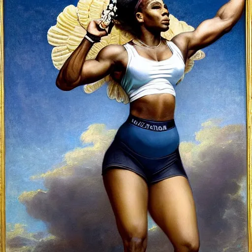 Image similar to Full body Portrait of Serena Williams in Nike gear as Nike Goddess, large wings, luxuriant, dreamy, eternity, romantic, strong pose, highly detailed, in the style of Franz Xaver Winterhalter, highly detailed, in the style of Aetherpunk