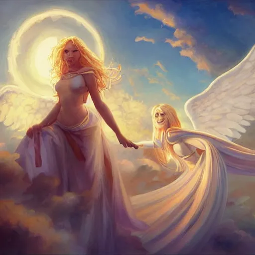 Prompt: a painting of an angel, a young woman with long blond hair and a halo smiling in heaven, looking down at her friend, a woman with long blond hair on earth, andreas rocha