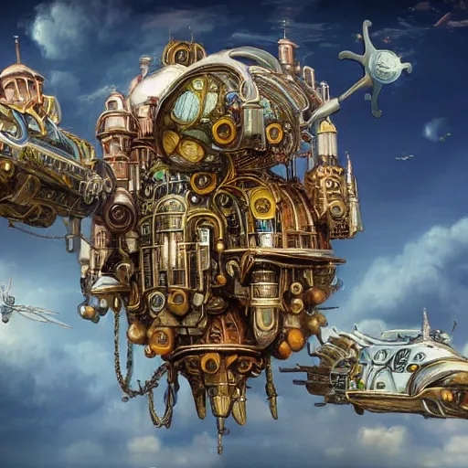 Image similar to flying city in a mechanical flower, flying city in a mechanical flower, detailed, sky, fantasy art, steampunk, masterpiece