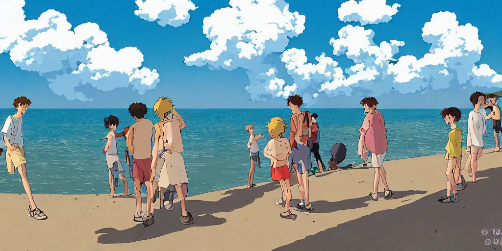 Prompt: wholesome animation studio Ghibli of young guys on the beach in the city of Genova. Sharp bloom dramatic lightning. Sunny day.