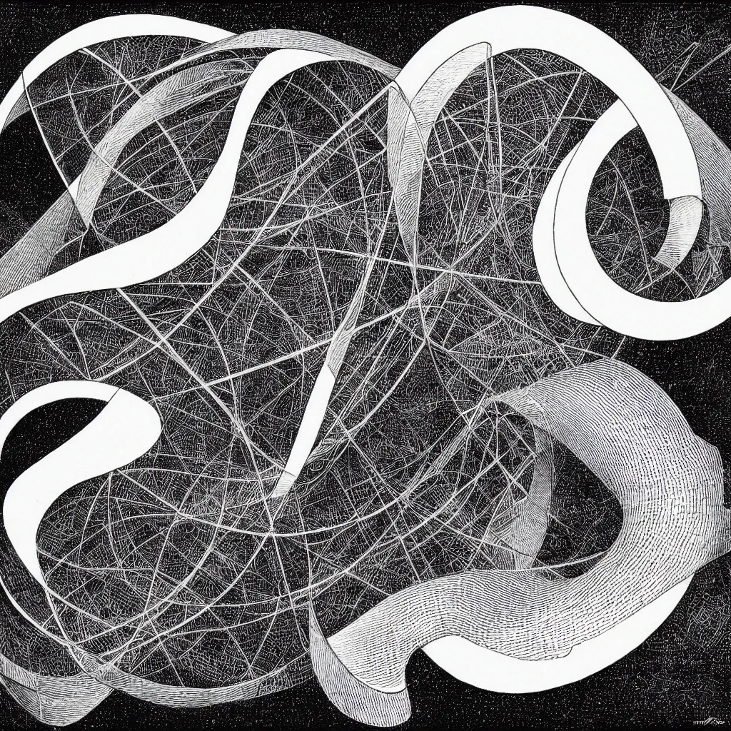 Prompt: Floating Mobius Strip, impossible architecture, artwork by Virgil Finlay and M.C. Escher