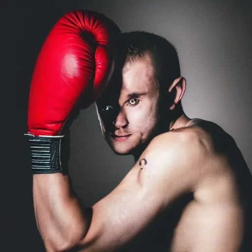 Prompt: photo of wolf wearing boxing gloves in fighter stance, dark room, red lighting,