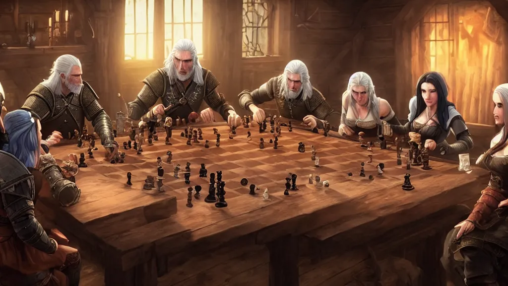 Image similar to Geralt of Rivia, yennefer, triss and Ciri playing chess in a tavern. geralt de rivia and ciri play at a table in the middle of the tavern, pixel art by Gerardo Quiroz, devian art, 4k